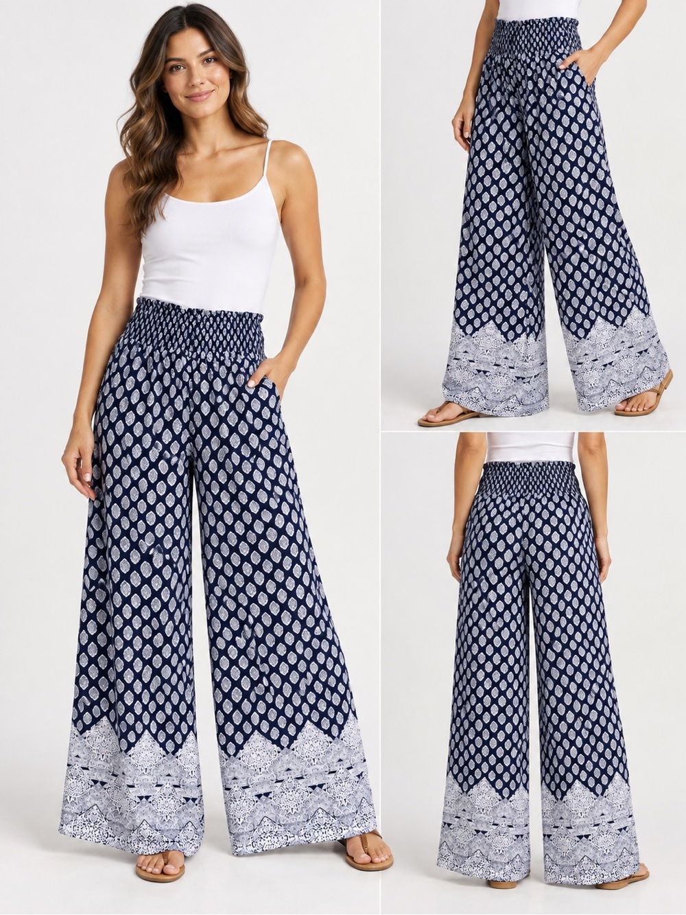 Sim & Sam Navy & White Boho Wide Leg Palazzo Pants – Size L